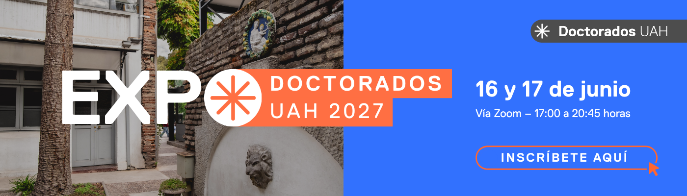 Banner promocional de la Expo Doctorados UAH 2027, a realizarse el 16 y 17 de junio vía Zoom, con botón de inscripción.
